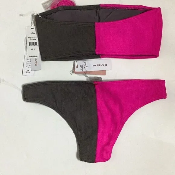 New. Pilyq teeny pink and gray bikini set. M/L. Retails $178